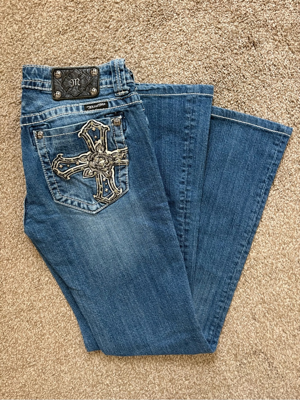 Miss Me Blue Boot Cut Mid Rise Jeans with Embellished Cross Pocket